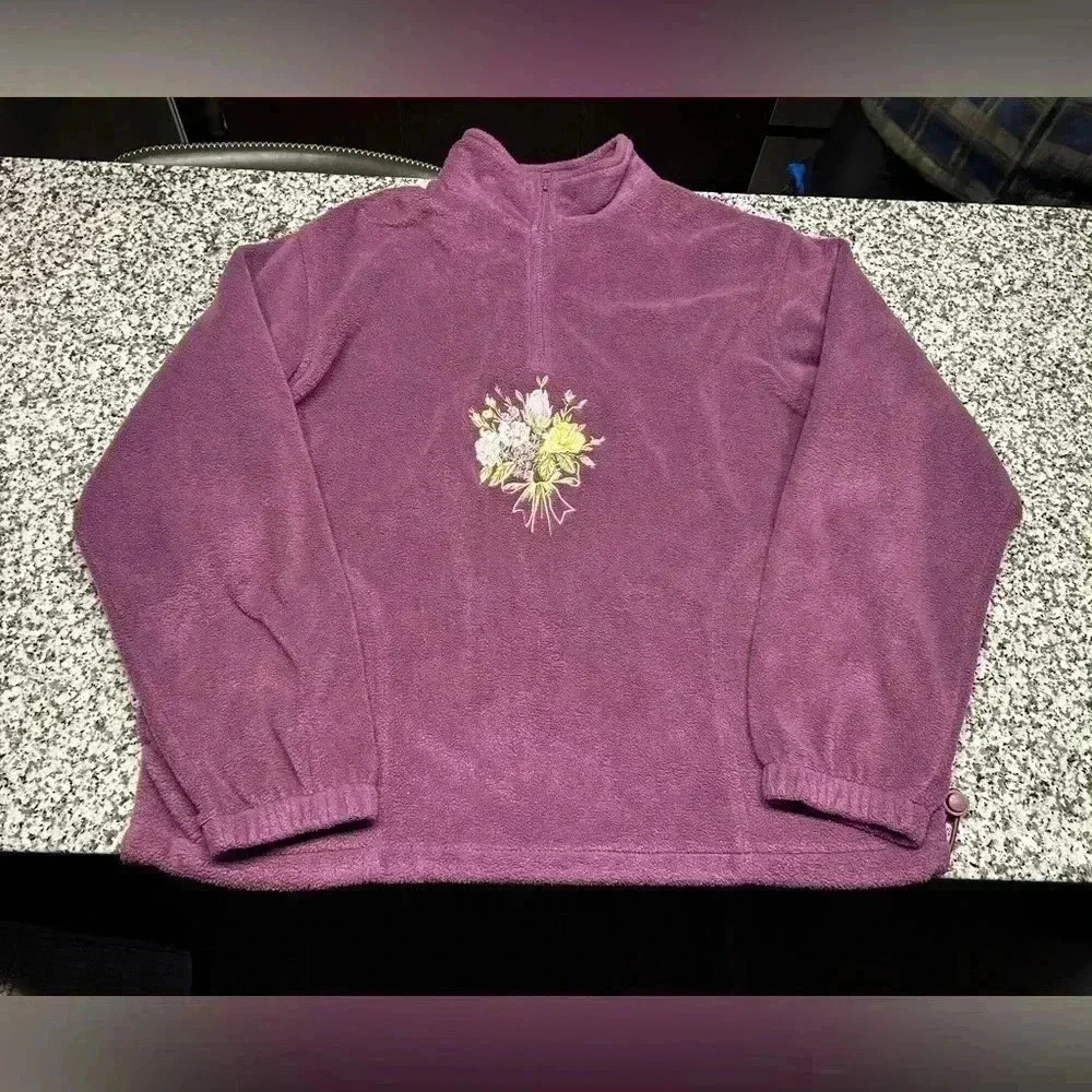Northern Reflections Flower Quarter Zip Sweater Fleece Pink Womens Sz M